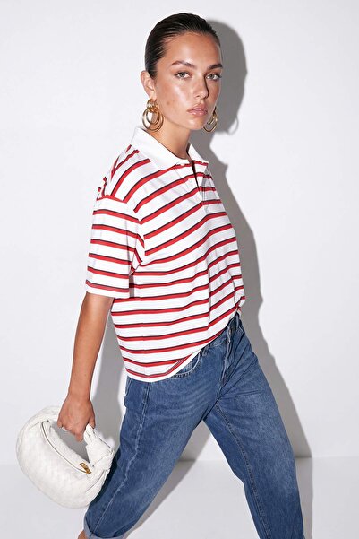 Drop by Trendyolmilla Kırmızı Siyah Çizgili Polo Yaka T-Shirt TDRSS26TS00029