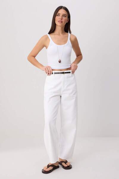 Trendyol Collection White Belted Gabardine Barrel 100% Cotton Soft Buttoned T...