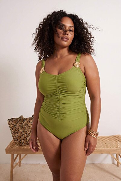 Trendyol Curve Oil Green Gold Accessory Ruched Large Size Swimsuit Tbbss26Am0...