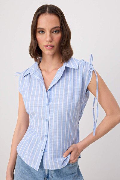 Trendyol Collection Light Blue Striped Shirt with Drawstring Detail Twoss26Go...