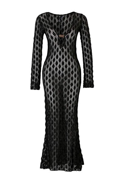 Trendyol Collection Rochie de plajă neagră tricotată maxi cu detalii accesori...