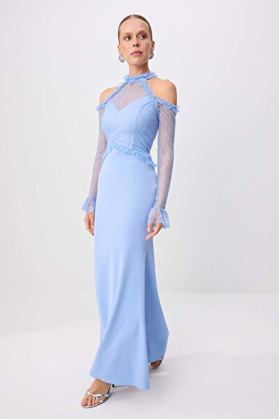 Trendyol Collection Rochie de seară maxi din dantelă albastru deschis și roch...
