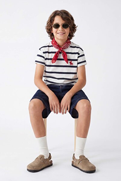 TRENDYOLKIDS Saks Çizgili Örme T-Shirt TKDSS25TS00037