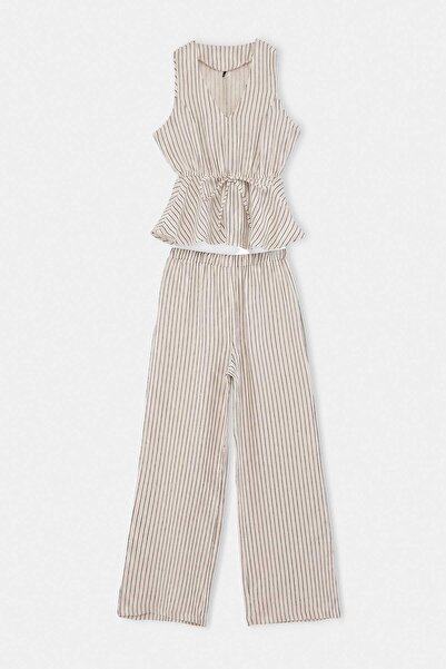 Trendyol Collection Beige Striped Peplum Blouse Wide-Leg Trousers Woven Botto...