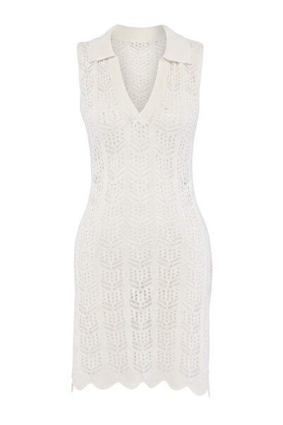 Trendyol Collection Ecru Knitted Midi Shirt Collar Beach Dress Tbess26Le00003
