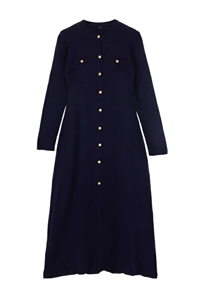Trendyol Modest Navy Blue Gold Buttoned Knitwear Thessaloniki Dress Tctaw26Eb...