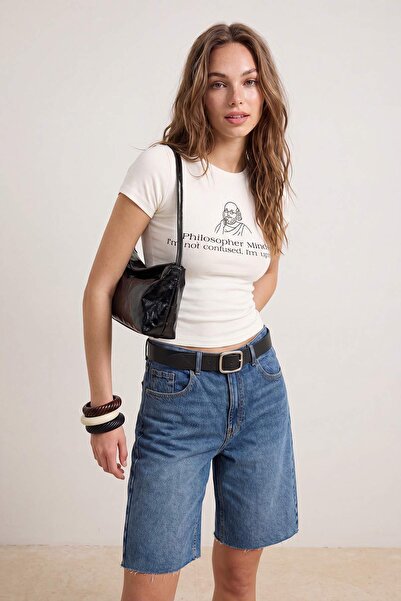 Trendyol Collection Ecru Slogan Fitted Crew Neck Standard Sleeve Short Cotton...