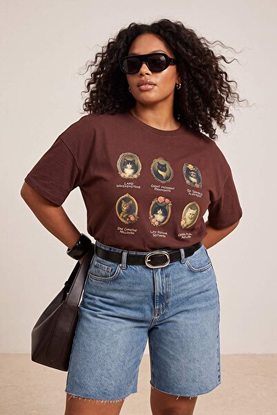 Trendyol Curve Καφέ μπλουζάκι με στάμπα Oversize/Φαρδιά Γραμμή, 100% Βαμβακερ...