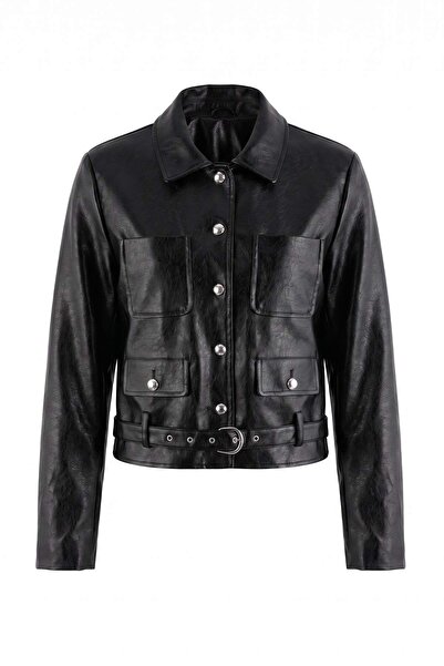 Trendyol Collection Black Regular Fit Metal Button Belted Faux Leather Coat T...