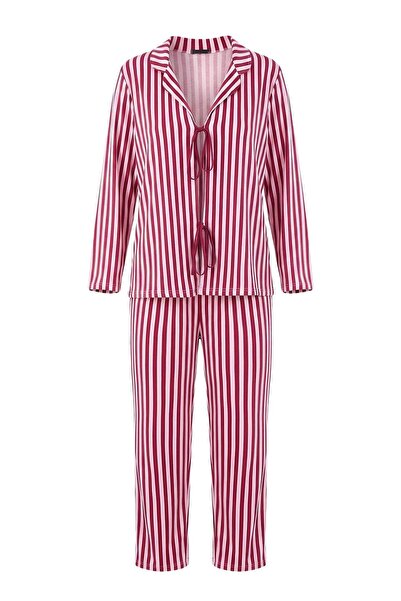 Trendyol Curve Burgundy-Multicolor Soft Tuşe Cotton Striped Tied Knitted Paja...