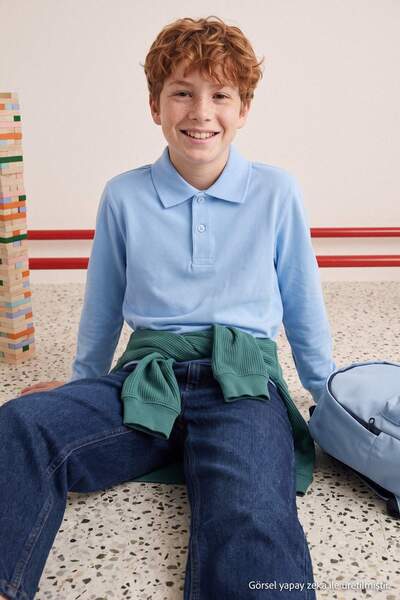 TRENDYOLKIDS Blue Boy's Polo Collar Plain Knitted T-Shirt Tkdaw27Ts00005