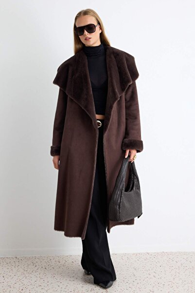 Trendyol Collection Brown Suede Fur Lined Oversize Long Coat Twoaw27Kb00014