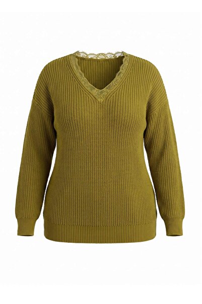 Trendyol Curve Pulover verde ulei, supradimensionat, cu decolteu în V și deta...