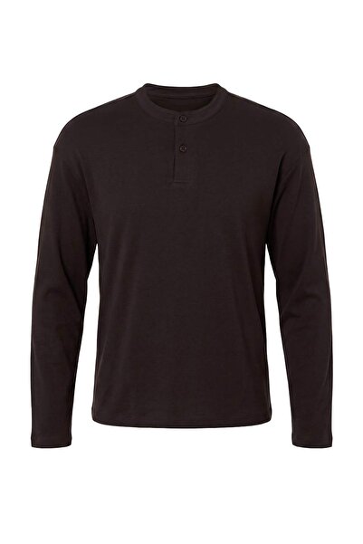 Trendyol Collection Tricou maro cu mânecă lungă, cu nasturi, interlock, cu um...