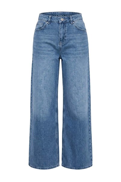 Trendyol Collection Premium Dark Blue 100% Cotton High Waist Extra Wide Leg J...