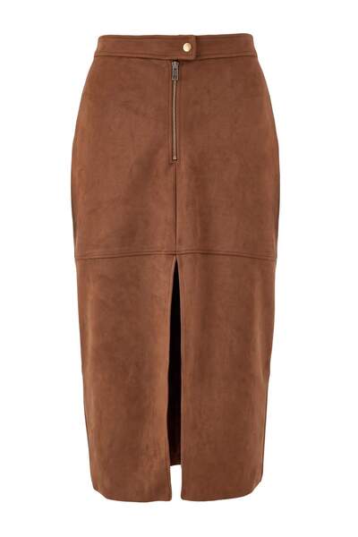 Trendyol Collection Dark Brown Straight Zipper Detailed Pencil Form Midi Sued...