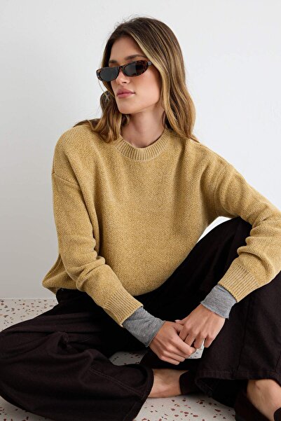 Trendyol Collection Oil Green Wide Fit Special Yarn Knitwear Sweater Twoaw26K...