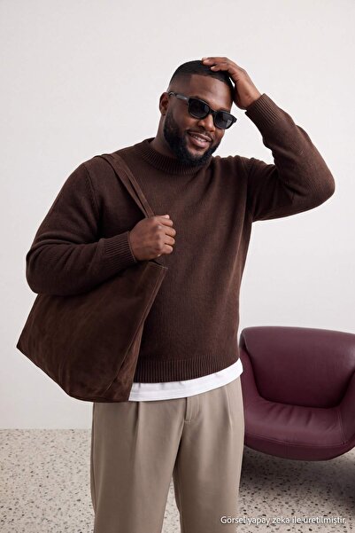 Trendyol Collection Big Size Brown Regular Fit Half Turtleneck Knitwear Sweat...