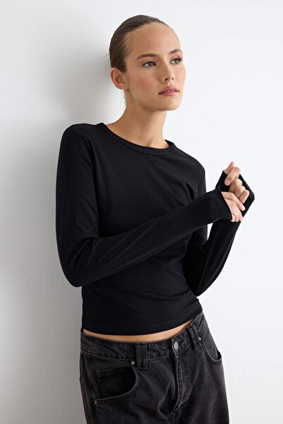 Trendyol Collection Black Cotton Crew Neck Fitteed/Fitted Stretch Knitted T-S...