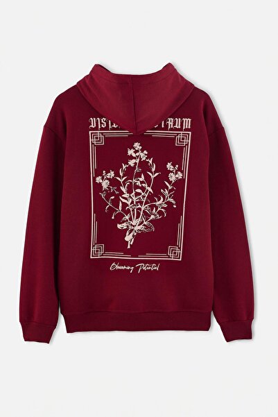 Trendyol Collection Burgundy Oversize/Wide Cut Hooded Printed Fleece Inside/W...