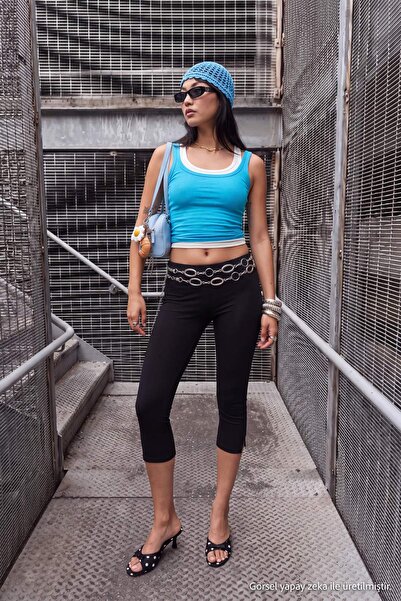 Trendyol Collection Black Plain Normal Waist Capri Interlock Knitted Leggings...