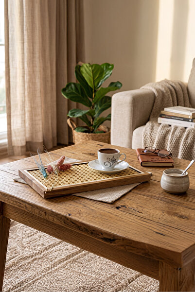 AHŞAP FABRİKASI Golden Edge Wooden Hazeran Rattan Tray