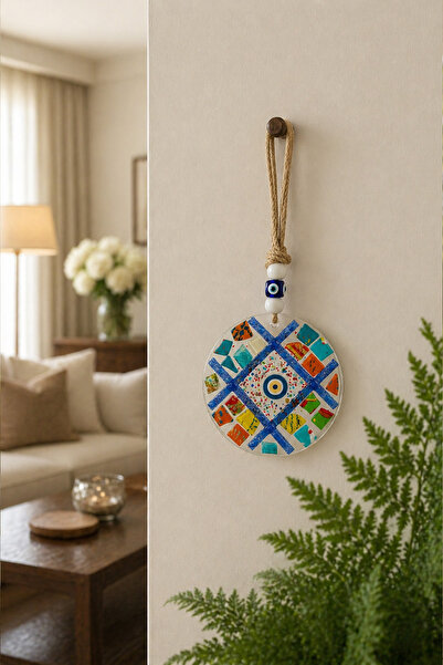 KHAKMA Geometric Blue Dekoratif Cam Nazar Boncuğu Duvar Süsü Kapı Süsü– Renkl...