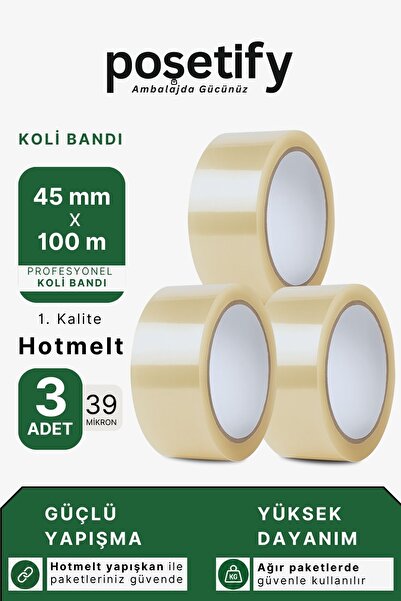 POŞETİFY 45 mm x 100 Metre Hotmelt Koli Bandı | 1. Kalite | 3 Adet | Güçlü Şe...