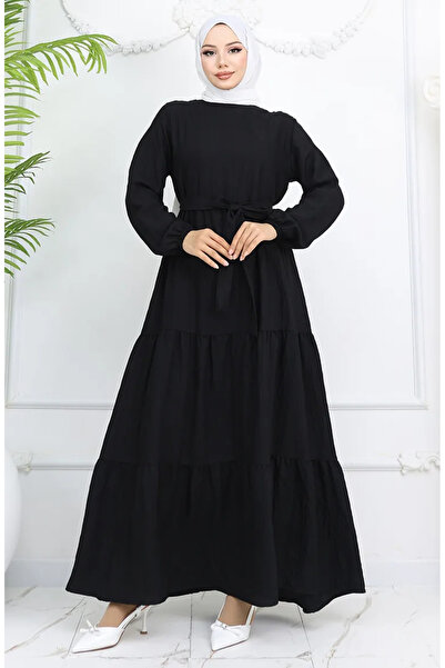sefamerve Sofia Linen Sleeve Elastic Belted Dress 2023-01 Black
