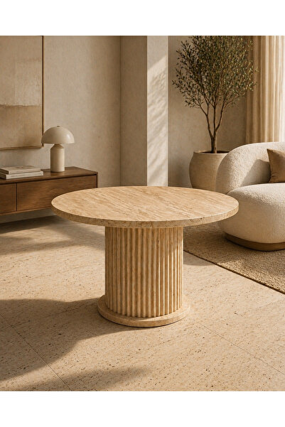 EFLORA DESIGN Traverten Bohem Yuvarlak Orta Sehpa Modern Salon Sehpası MDF Ay...