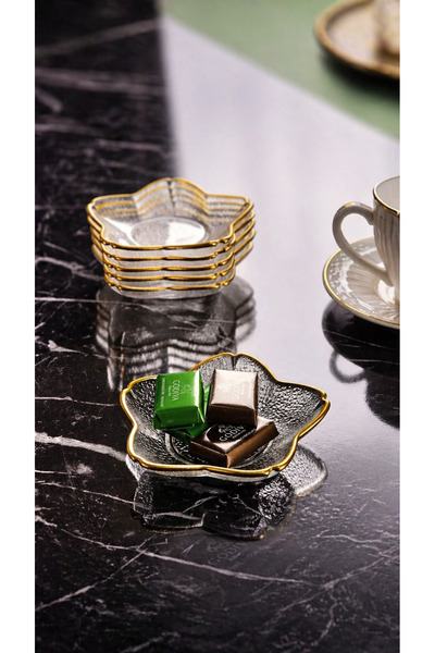 İnova Home Decor Gold Detaylı Yıldız Cam Çerezlik-Sosluk Takımı 6'lı