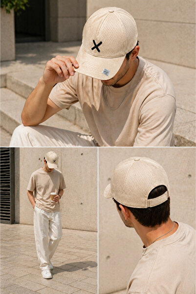 ZERAMİNE Beige Unisex Baseball Cap White X Embroidered Adjustable Casual Sports Hat