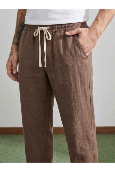Danger Erkek Baggy Kalıp Beli Lastikli %100 Pamuk Keten Görünümlü Pantolon Kahverengi 1007DNGR
