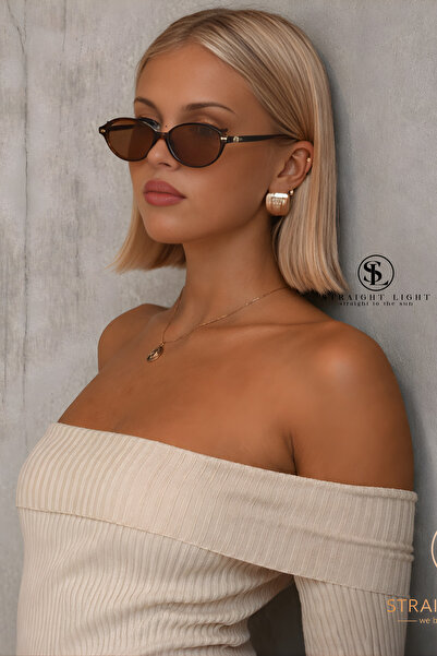 Straight Light Women's Retro Oval Sunglasses Brown Transparent Frame Gold Det...