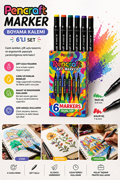 House Bird Pencraft Marker Boyama Kalemi 6’lı Set – Çift Uçlu, Canlı Renkler,...