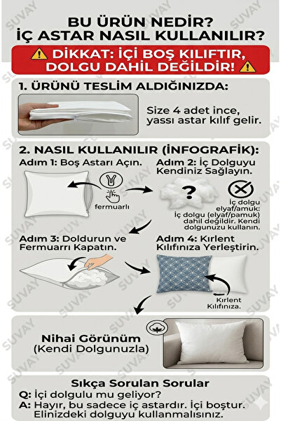 SUVAY Pamuklu Fermuarlı Kırlent İç Astar Kılıfı 4 Adet - Kırlent İçi Yastık Kılıf Astar Milt