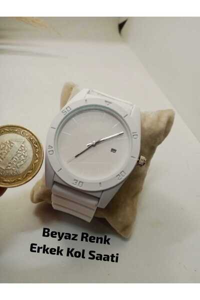 Brality Takvimli Unisex Kol Saati ( Beyaz Silikon Kayış - Beyaz Çelik Yuvarla...