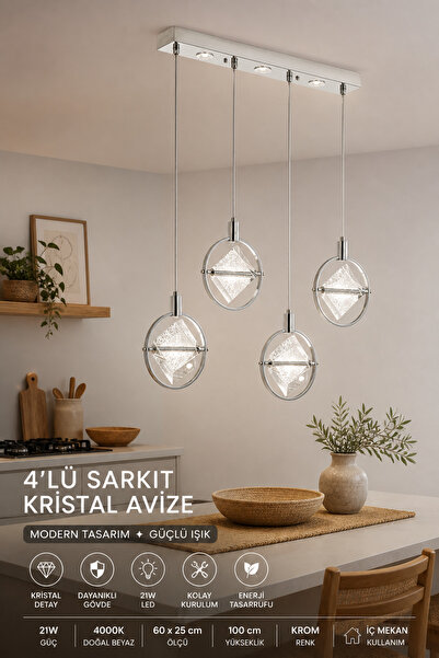Elvora Home 4’lü Sarkıt Avize (PREMİUM) Kristal Modern Lüks LEDli Salon Mutfa...