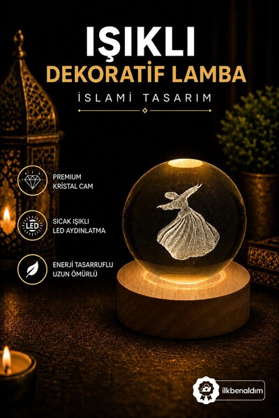 İlkbenaldim Işıklı Dekoratif Kristal Cam Küre Lamba Semazen İslami Tasarım Ah...