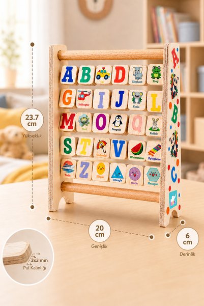 Hopiers Wooden Alphabet Abacus - Ages 3+ / Montessori Educational / Safe Letters, Shapes, and Images
