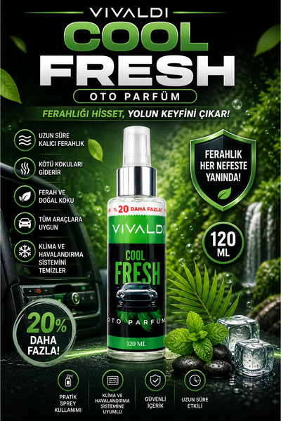 Vivaldi Car Cool Fresh Oto Kokusu Sprey 120 ml – Kalıcı Ferah Araç Parfümü, A...