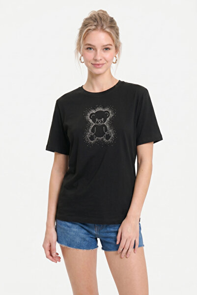 No Matter What Stone Detailed Teddy Bear Printed Oversize T-Shirt