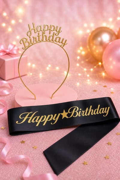 Larenya Happy Birthday Yazılı Metal Taç Ve Kuşak & Siyah Altın Kuşak Altın Taç