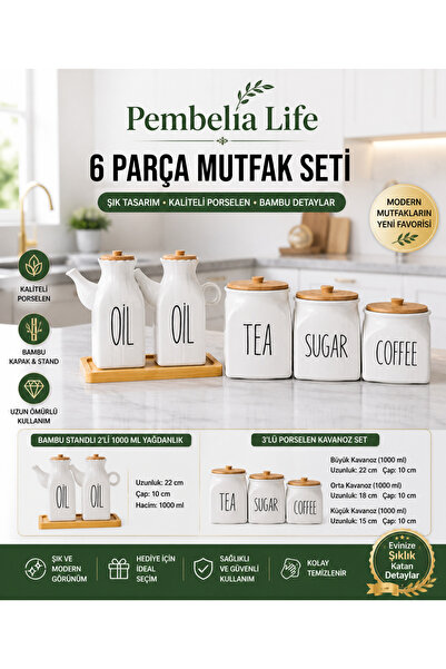 Kitchen Pembelia 6 Parça Bambu Standlı Kare Porselen 1000ml Yağdanlık Ve 3’lü...