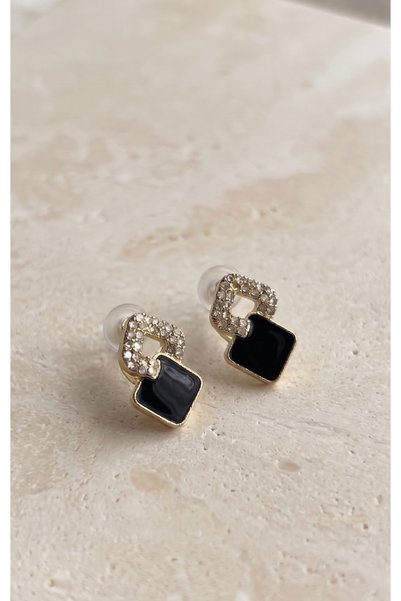 DİESMOONCO Minimalist Square Design Black Enamel Zircon Stone Embellished Gold Color Earrings