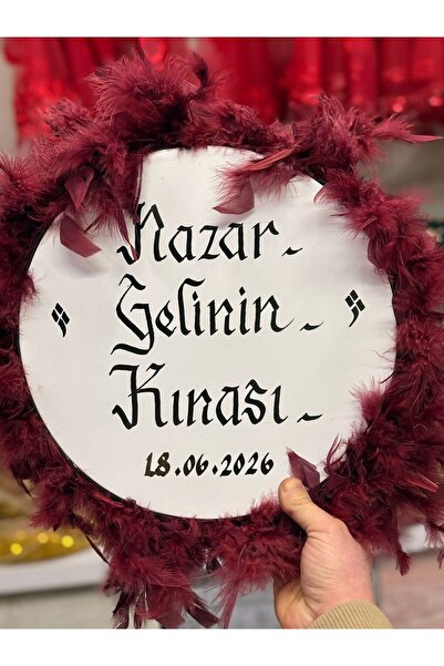 Genel Markalar Bordo İsim Yazılı Zilli Tüylü Otriş Deri Tef Gelin Tefi Kına G...