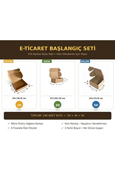 megetasarım 100 Adet E-Ticaret Başlangıç Seti E Dalga Karton Kutu 14x12x8, 25...