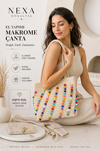 Nexa Doğaltaş 🧶 El Örgüsü Polyester Makrome İp Omuz Çantası – Renkli Boncuk ...