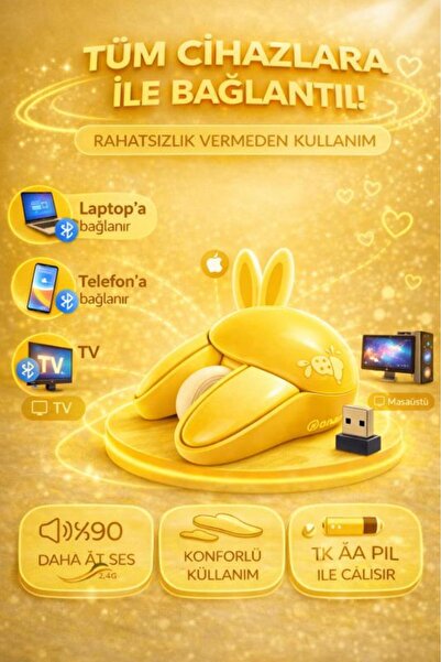 NDNeed Sevimli Tavşan 3D Sarı Mouse Bluetooth + 2.4G Dual Mode