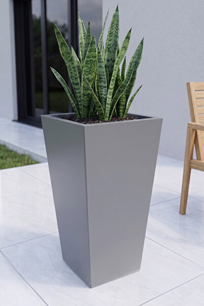 Desen Dekorasyon Zenith 60 cm Dikey Konik Metal Gri Saksı - İç ve Dış Mekan M...